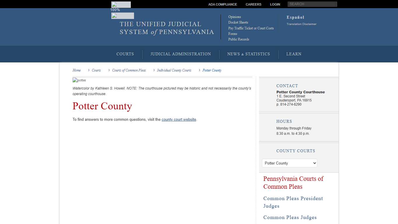 Potter County | Individual County Courts | Courts of Common Pleas | Courts | Unified Judicial System of Pennsylvania